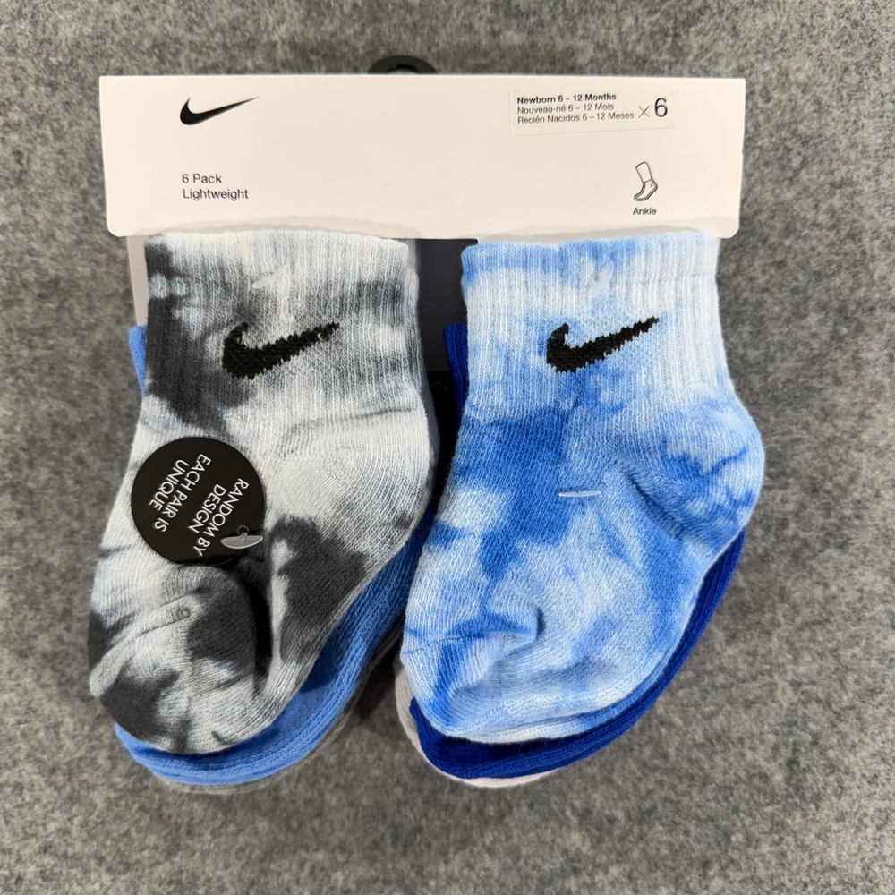 Nike Infant 6 Pack Lightweight Ankle Socks Tie Dye Blue Grey White 6-12 Months